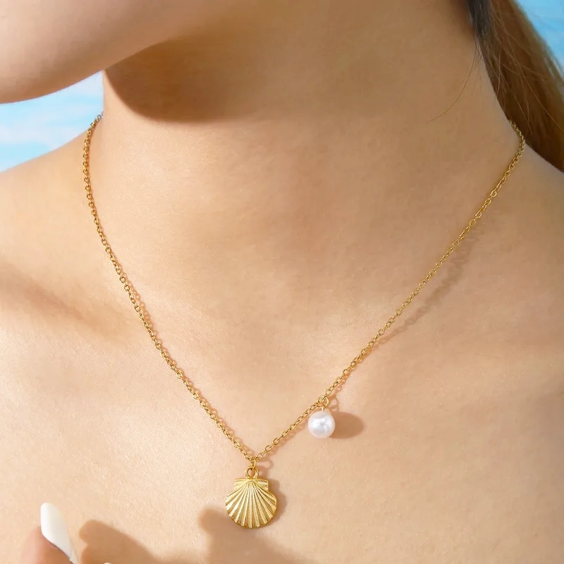 Elegant-Fashion-Simple-Ocean-Shell-Pearl-Pendant-304-Stainless-Steel-18K-Gold-Plated-Women-s-Necklace-All-Seasons-Lobster-Clasp-Cable-Chain-Cross-Chain-Vacuum-Electroplating-Furnace