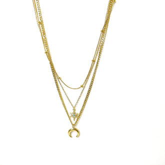 star and crescent moon layering gold necklace